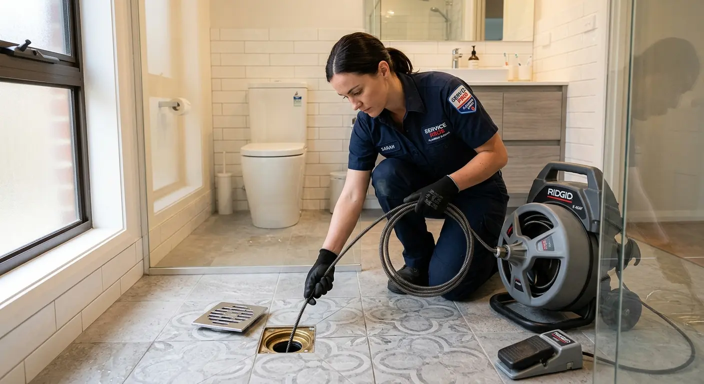 Technician clearing a bathroom floor drain for Hydro Jetting in Windsor